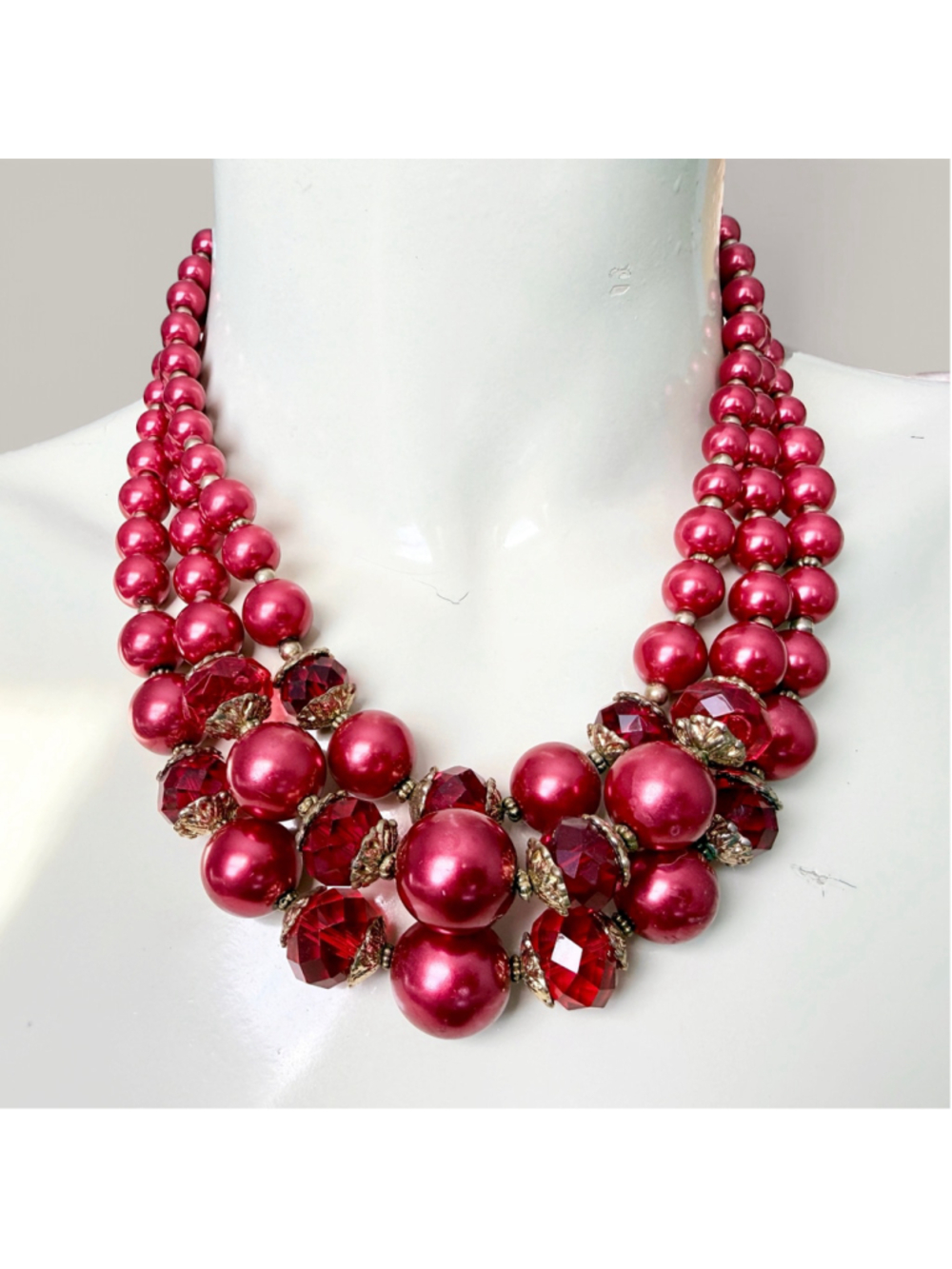 Vintage Red Faux Pearl Bib Necklace Statement Beaded Jewelry
